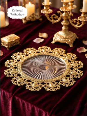 Le Paon 6 Adet Set Gold Detaylı Şeffaf Supla 30 cm - Lüks Amerikan Servis ve Yemek Masası Dekorasyonu