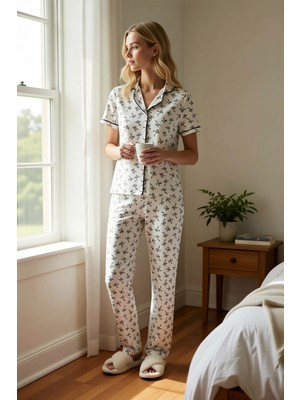 Benerly Kadın Gömlek Yaka Kısa Kollu Regular Kalıp Pijama Takımı Kurdele Desenli Spor