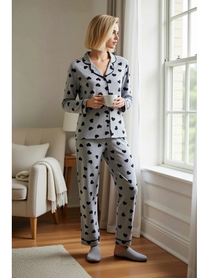 Benerly Kadın Gömlek Yaka Uzun Kol Desenli Pijama Takımı Büyük Beden Fonksiyonel Modern %100 Pamuk