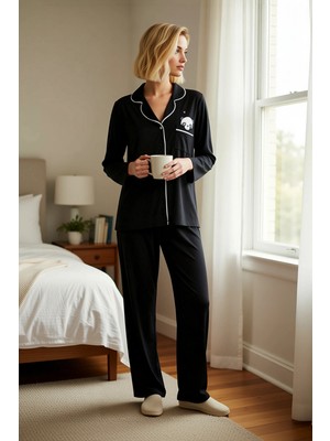 Benerly Kadın Gömlek Yaka Uzun Kol Panda Baskılı Büyük Beden Pijama Takımı Fonksiyonel Dayanıklı Şık