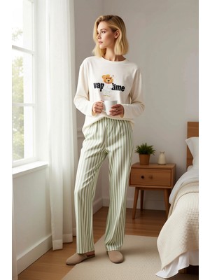 Benerly Kadın Bisiklet Yaka Uzun Kol Regular Kalıp Çizgili Pijama Takımı Fonksiyonel Şık %100 Pamuk