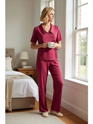 Benerly Kadın Shally Dokuma Regular Kalıp Kruvaze Yaka Kısa Kol Pijama Takımı Kaliteli