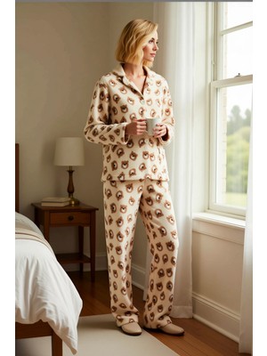 Benerly Kadın Gömlek Yaka Standart Kol Regular Kalıp Animal Desen Wellsoft Pijama Takımı