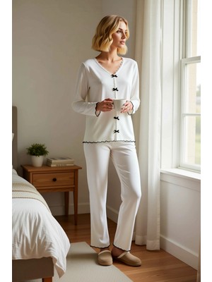 Benerly Kadın V Yaka Standart Kol Uzun Kol Regular Kalıp Örme Kaşkorse Pijama Takımı Fonksiyonel Şık