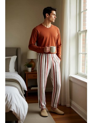 Benerly Erkek Regular Çizgili V Yaka Uzun Kol Örme Pijama Takımı Fonksiyonel Şık