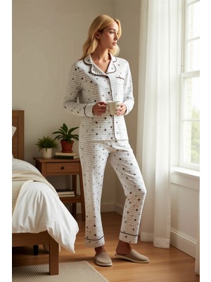 Benerly Kadın Gömlek Yaka Uzun Kol Regular Kalıp Dokulu Örme Pijama Takımı Fonksiyonel Dayanıklı Şık