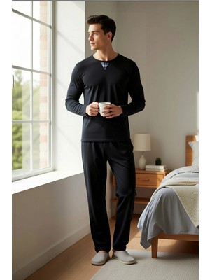Benerly Erkek Düğmeli Yaka Standart Kol Waffle Örme Regular Kalıp Pijama Takımı Uzun Kollu Estetik