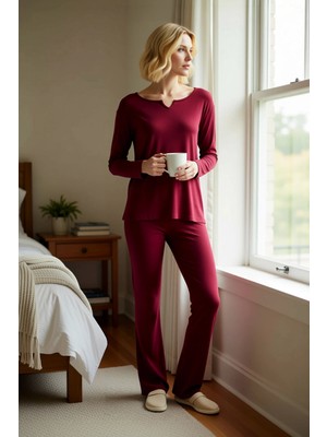 Benerly Kadın V Yaka Standart Kol Uzun Kol Kaşkorse Örme Pijama Takımı Fonksiyonel Dayanıklı Rahat