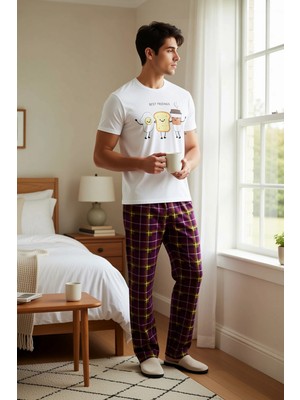 Benerly Erkek Bisiklet Yaka Kısa Kol Regular Kalıp Ekose Baskılı Pijama Takımı