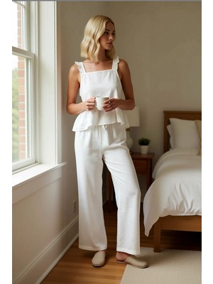 Benerly Kadın Müslin Dokuma Kare Yaka Kolsuz Fırfırlı Pijama Takımı Regular Kalıp Şık