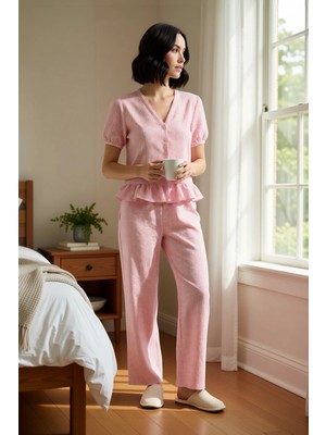 Benerly Kadın V Yaka Balon Kol Gofre Dokuma Kareli Pijama Takımı Uzun Kollu Regular Kalıp Kaliteli