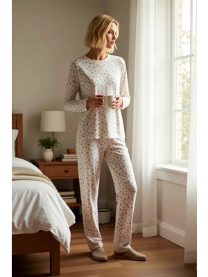 Benerly Kadın Bisiklet Yaka Düşük Kol Uzun Kol Relaxed Kalıp Çiçekli Örme Pijama Takımı Fonksiyonel