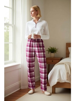 Benerly Kadın Dik Yaka Düşük Kol Fermuarlı Waffle Örme Ekose Desenli Pijama Takımı Fonksiyonel Şık