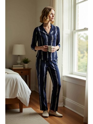Benerly Kadın Gömlek Yaka Standart Kol Regular Kalıp Çizgili Pijama Takımı Fonksiyonel