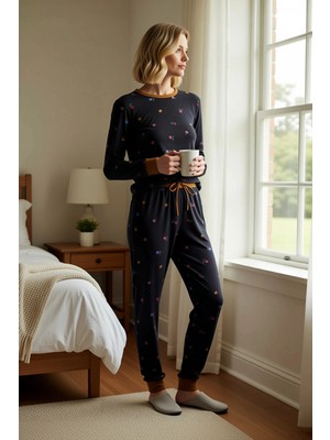 Benerly Kadın Bisiklet Yaka Standart Kol Çiçekli Örme Pijama Takımı Fonksiyonel Rahat