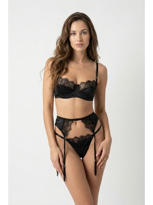 Cassy Siyah Saten ve Dantelli Balenli Lüks Jartiyer Takımı