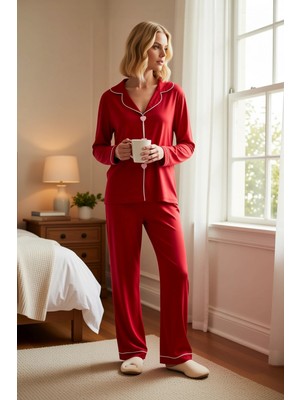 Benerly Kadın Gömlek Yaka Standart Kol Regular Kalıp Dokuma Pijama Takımı Uzun Kollu Modern