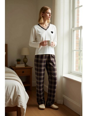 Benerly Kadın V Yaka Düşük Kol Uzun Kollu Regular Kalıp Ekose Desenli Pijama Takımı Şık %100 Pamuk