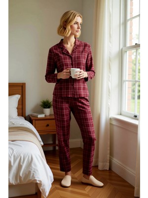 Benerly Kadın Ekose Gömlek Yaka Standart Kol Regular Kalıp Pijama Takımı Fonksiyonel Şık