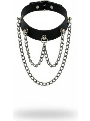 MOTTO10 Butik Siyah Choker Deri Zincir Detaylı Yaka Kolyesi - APFT1071