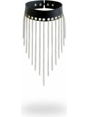 MOTTO10 Butik Siyah Choker Uzun Zincir Püsküllü Deri Gerdanlık - APFT629