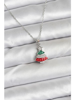 316L Çelik Zincir Gümüş Ren Çam Ağacı Model Zirkon Taşlı Yılbaşı Temalı Kadın Kolye - Lisinya