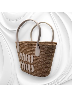 Miu Krem Detaylı Hasır Çanta