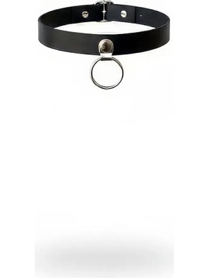 MOTTO10 Butik Siyah Choker Metal Halka Detaylı Deri Kolye - APFT519