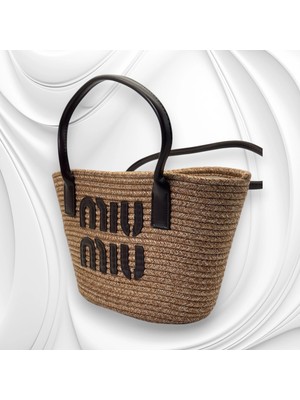 Miu Kahverengi Detaylı Hasır Çanta