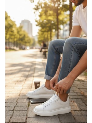 Enoch Erkek Tam Beyaz Sneaker Oversize Kalın Tabanlı ve Düz Sade Lüks Model