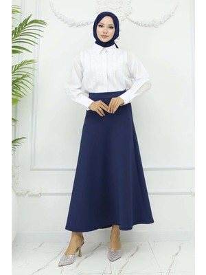 RFK Butik Kadın Puf Scuba Beli Lastikli Tesettür Etek - Lacivert