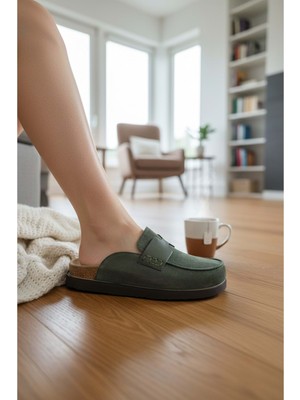 Konfores 2235 Iç Dış Hakiki Süet Deri Tam Ortopedik Üst Kalite Ev,ofis,misafir,damat ve Gelin Çeyizlik Terlik - NKT02235-HAKI-43