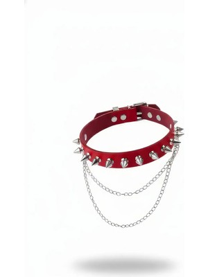 MOTTO10 Butik Kırmızı Choker Çivili Zincir Detaylı Kolye - APFT975