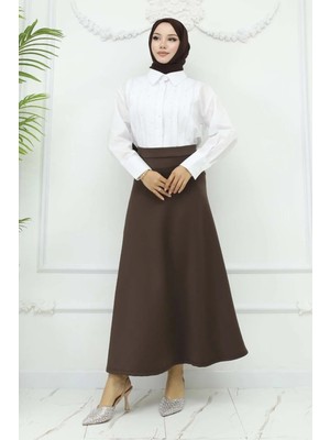 RFK Butik Kadın Puf Scuba Beli Lastikli Tesettür Etek - Kahverengi