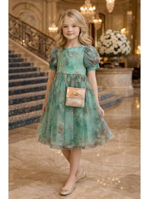 Diamondstar Kız Çocuk Çiçek Desenli Çantalı Bayramlık Prenses Düğün Parti Doğum Günü Elbisesi