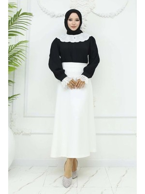 RFK Butik Kadın Puf Scuba Beli Lastikli Tesettür Etek - Beyaz