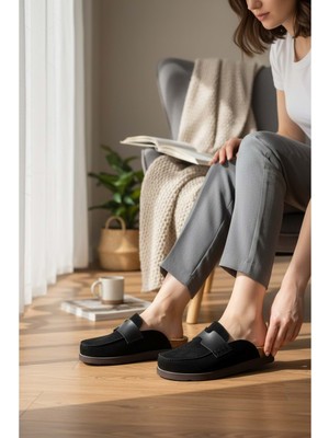 Konfores 2235 Iç Dış Hakiki Süet Deri Tam Ortopedik Üst Kalite Ev,ofis,misafir,damat ve Gelin Çeyizlik Terlik - NKT02235-SIYAH-41