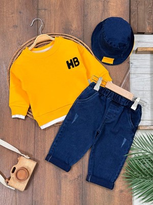 MixMax Bebe Erkek Bebek Hb Şapkalı Uzun Kollu Alt Üst Bayramlık 3 'lü Bebek Takımı %100 Pamuklu