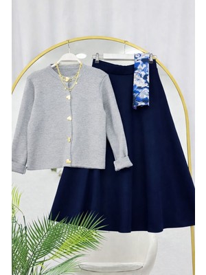 RFK Butik Kadın Triko Gold Kalpli Hırka Puf Scuba Etekli Takım - Gri-Lacivert