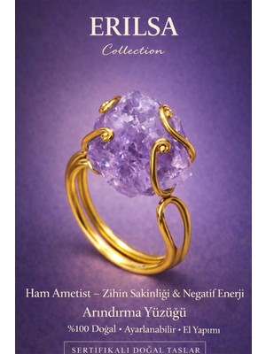 Tesbih Atölyesi Erilsa Sertifikalı Zihin Sakinliği Negatif Enerji Arındırma Yüzüğü – Ham Ametist Taşı Ayarlamalı El Yapımı