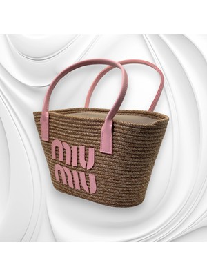 Miu Pembe Detaylı Hasır Çanta