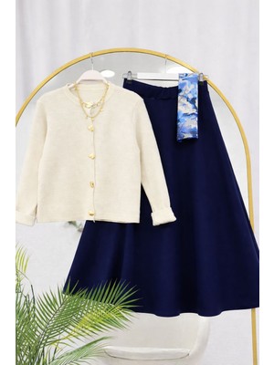 RFK Butik Kadın Triko Gold Kalpli Hırka Puf Scuba Etekli Takım - Beyaz-Lacivert