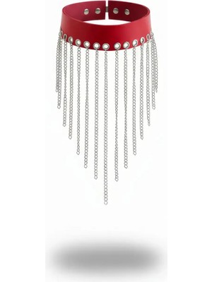 MOTTO10 Butik Kırmızı Choker Uzun Zincir Püsküllü Deri Kolye - APFT629