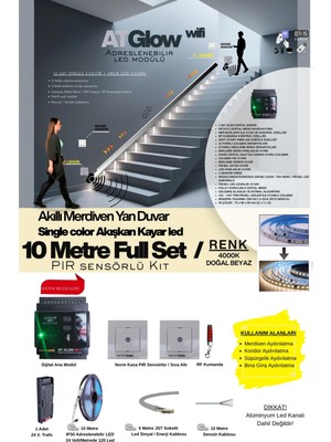 AT-GLOW PIR Sensörlü Merdiven Duvar Akışkan Şerit Led Seti / Akıllı Kayar Led Sistemi/ 4000K/ 10 Mt.