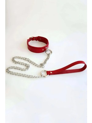 MOTTO10 Butik Kırmızı Choker Deri Zincir Detaylı Boyun Aksesuarı - APFT248