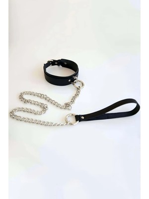 MOTTO10 Butik Siyah Choker Deri Zincir Bağlantılı Halka Detaylı - APFT248