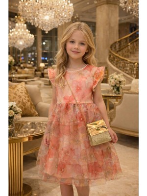 Diamondstar Kız Çocuk Çiçek Desenli Çantalı Bayramlık Prenses Düğün Parti Doğum Günü Elbisesi 5/8 Yaş