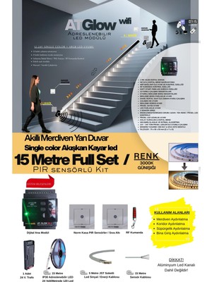 AT-GLOW PIR Sensörlü Merdiven Duvar Akışkan Şerit Led Seti / Akıllı Kayar Led Sistemi/ 3000K/ 15 Mt.