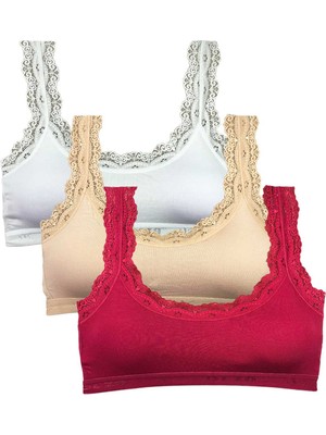 FRY 3 Adet Dantel Nakış Işlemeli Pedli Bambu Kadın Büstiyer Beyaz Ten Bordo