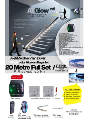 AT-GLOW PIR Sensörlü Merdiven Duvar Akışkan Şerit Led Seti / Akıllı Kayar Led Sistemi/ 6000K/ 20 Mt.